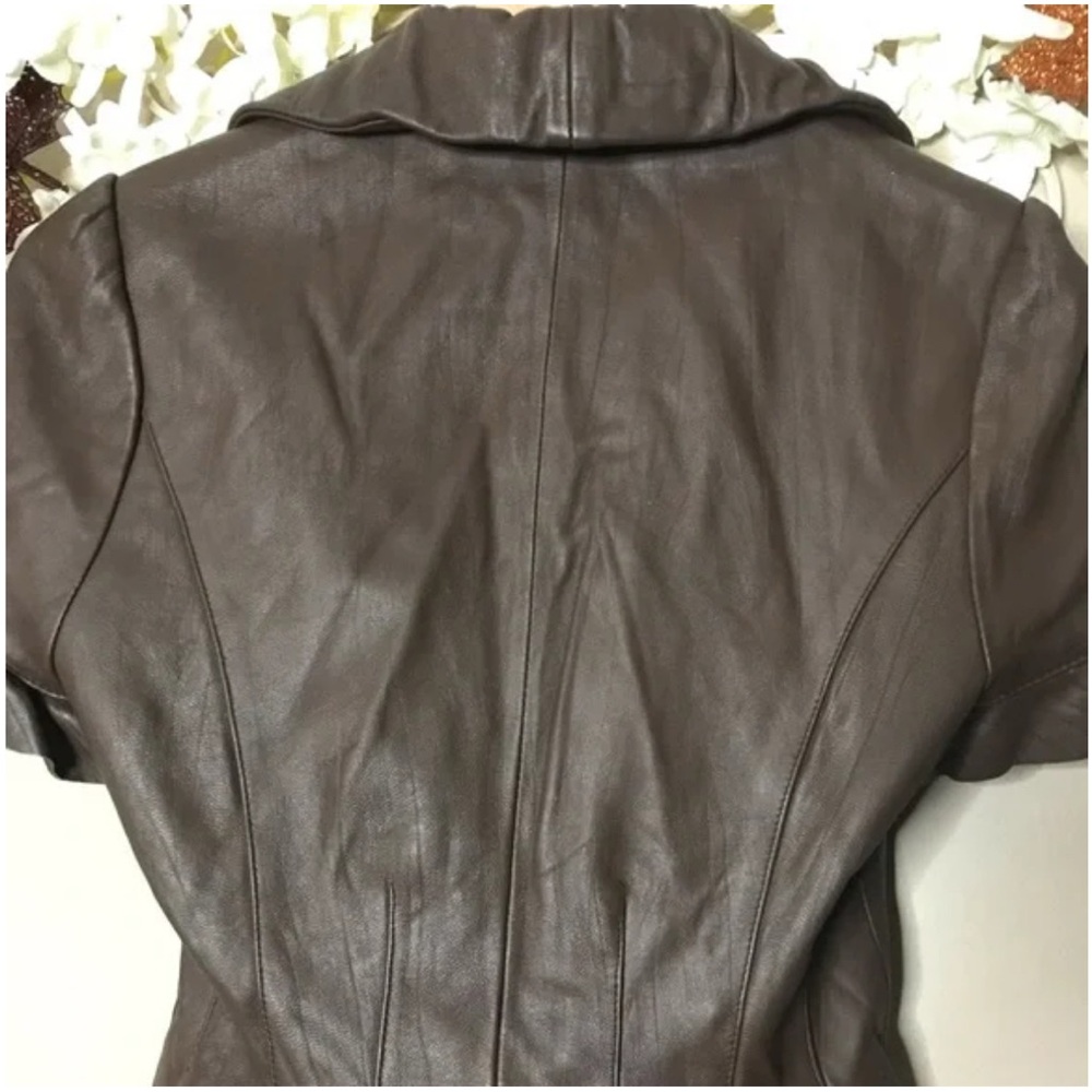 Arden B Brown Vintage Leather Fitted Waist Blazer Top with Ruffled Collar. - Picture 5 of 16